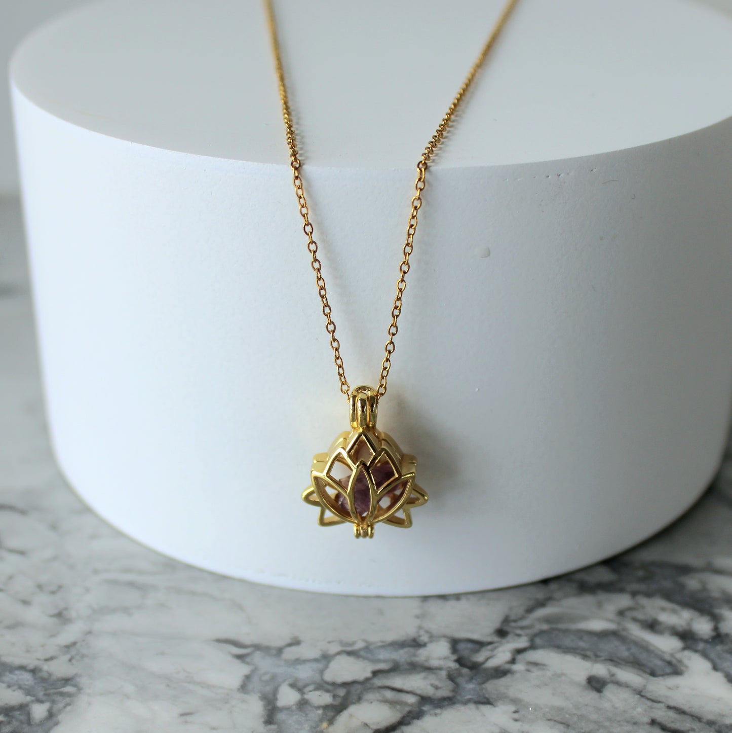 Lotus & Raw Crystal Pendant & Chain | Amethyst