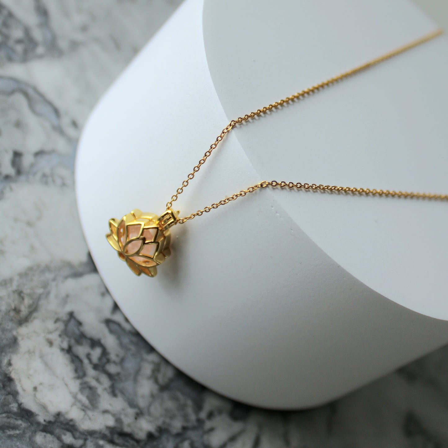 Lotus & Raw Crystal Pendant & Chain | Rose Quartz