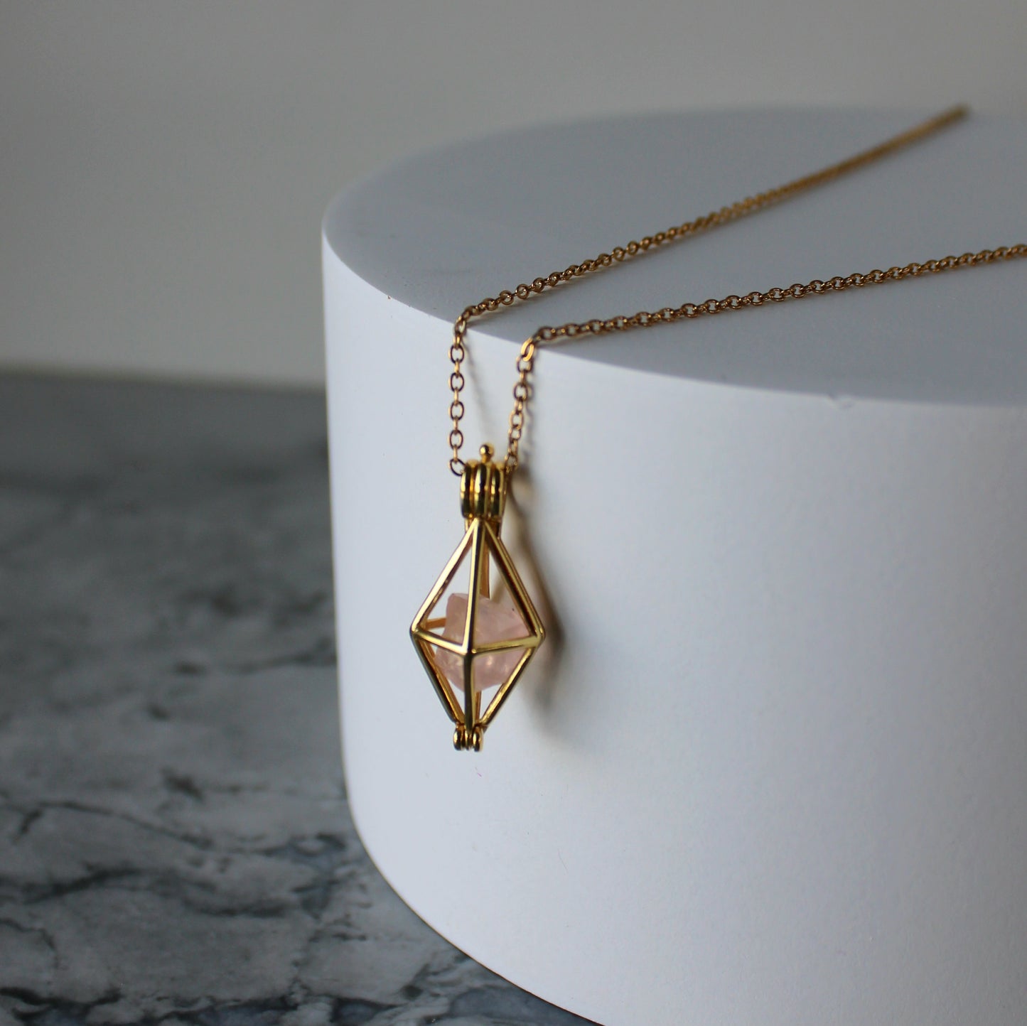 Locket & Raw Crystal Pendant & Chain | Rose Quartz