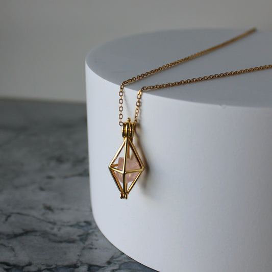 Locket & Raw Crystal Pendant & Chain | Rose Quartz