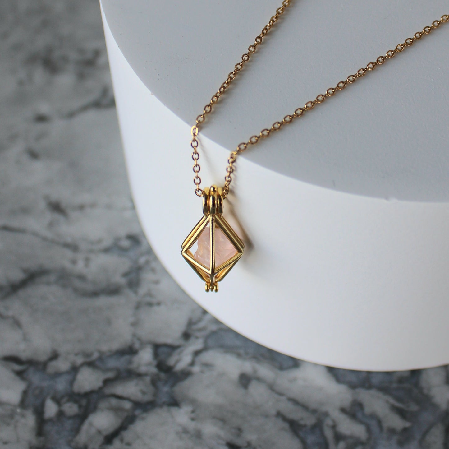 Locket & Raw Crystal Pendant & Chain | Rose Quartz