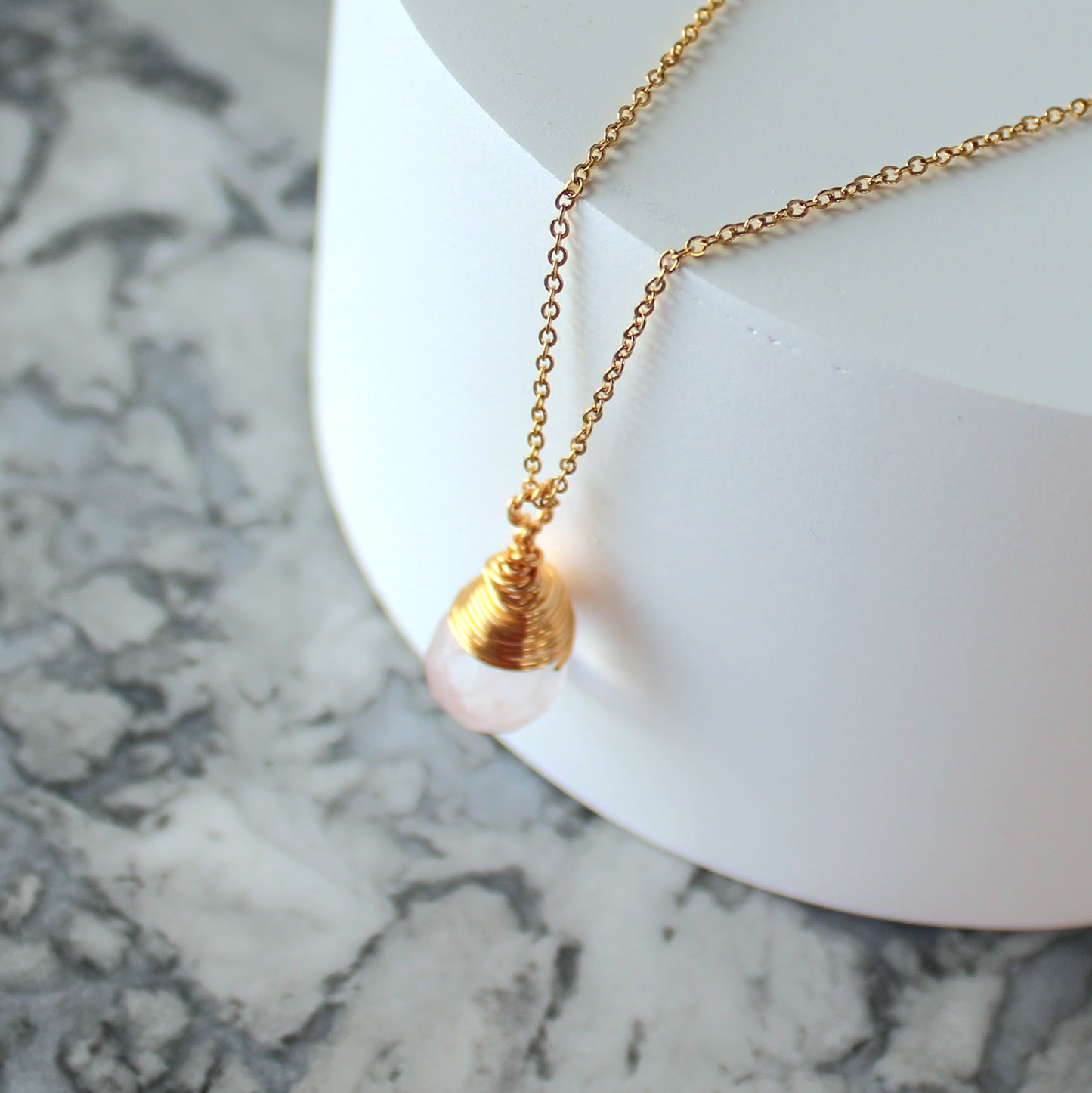 Natural Crystal Drop Pendant & Chain | Rose Quartz