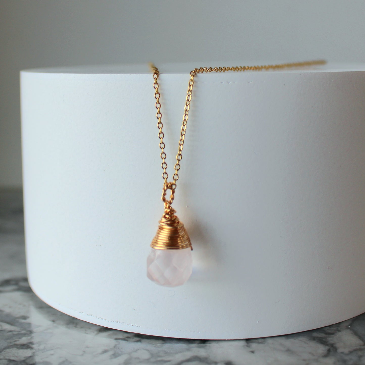 Natural Crystal Drop Pendant & Chain | Rose Quartz