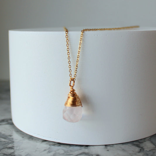Natural Crystal Drop Pendant & Chain | Rose Quartz