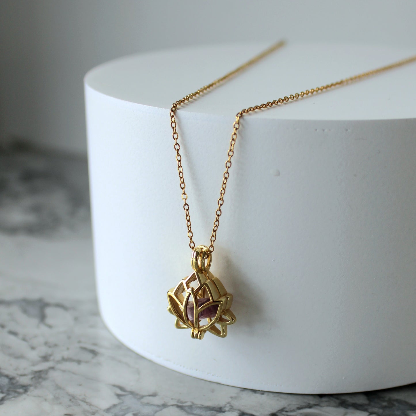 Lotus & Raw Crystal Pendant & Chain | Amethyst