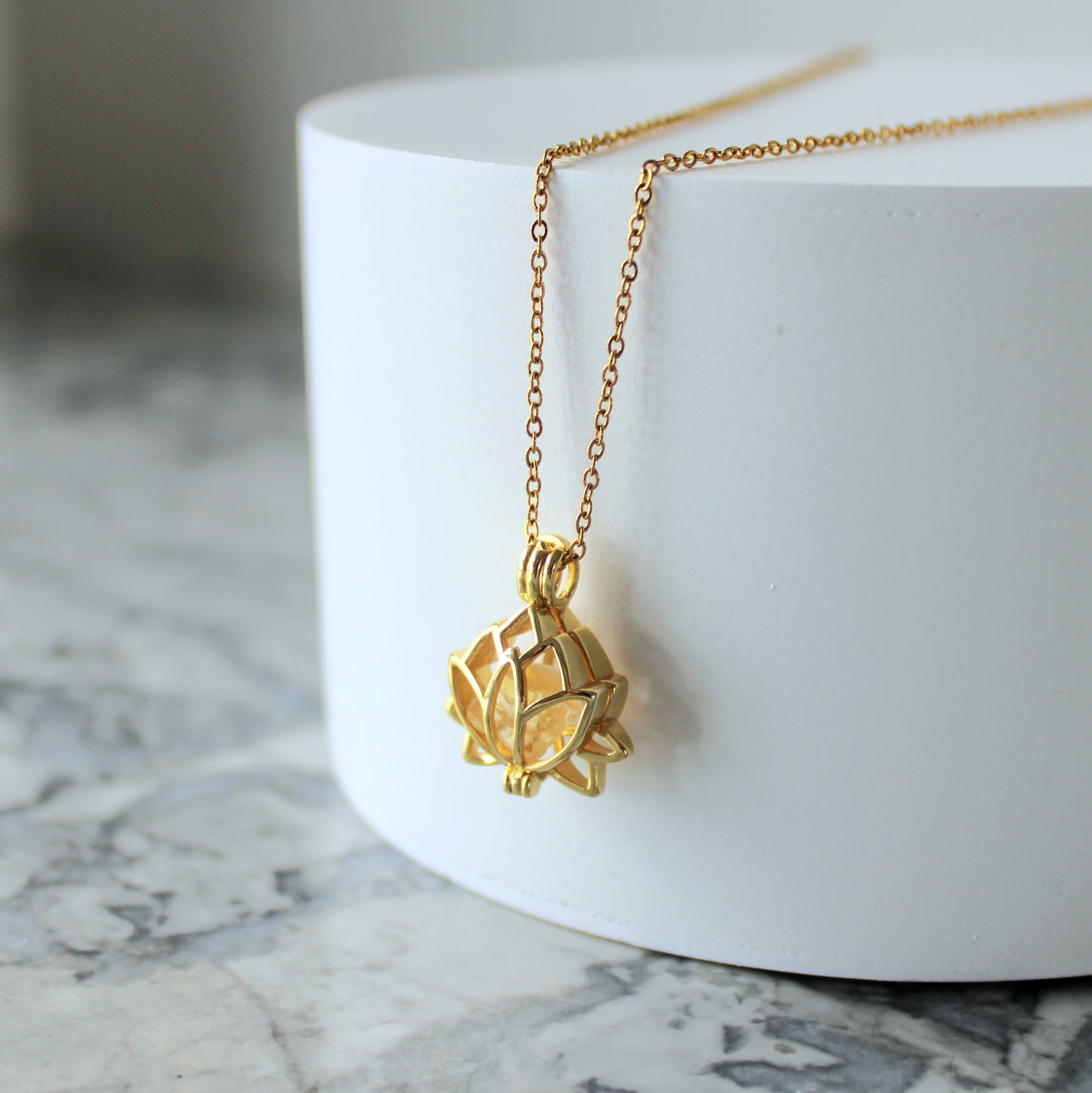 Lotus & Raw Crystal Pendant & Chain | Citrine