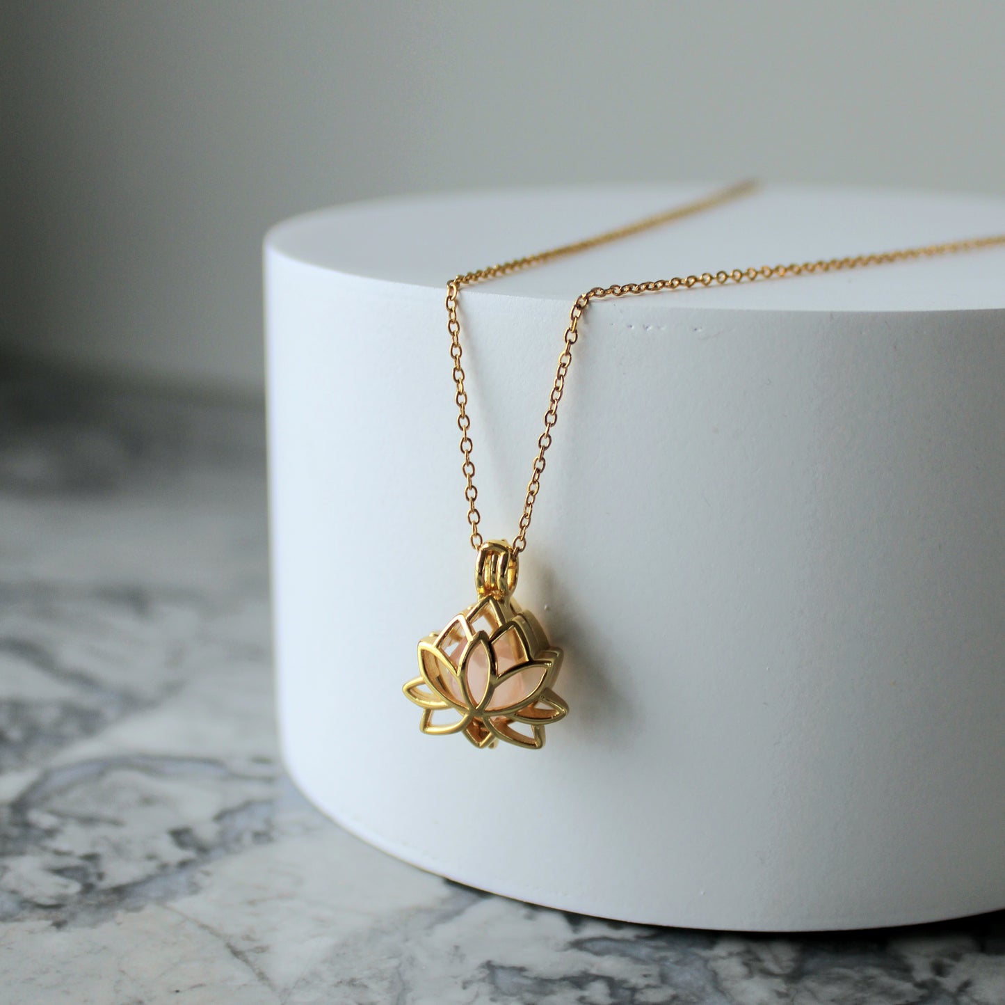 Lotus & Raw Crystal Pendant & Chain | Rose Quartz