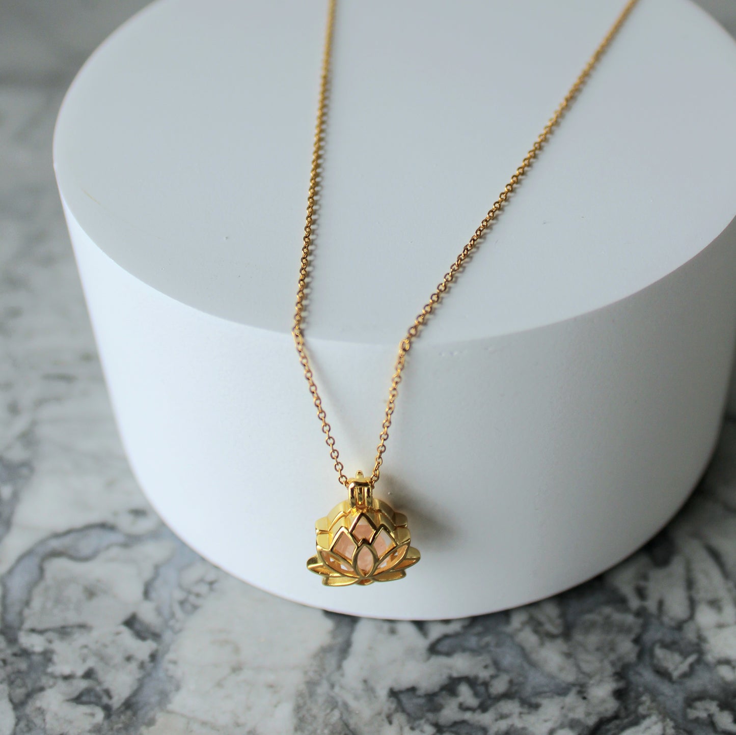 Lotus & Raw Crystal Pendant & Chain | Rose Quartz