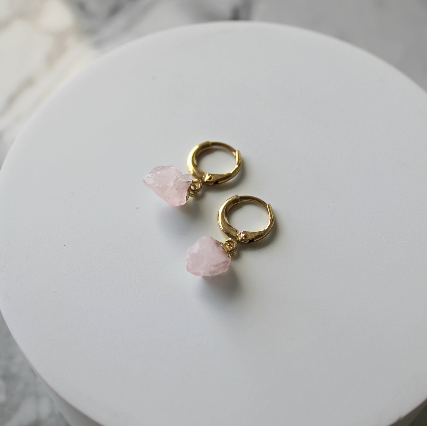 Raw Crystal Drop Huggies | Rose Quartz